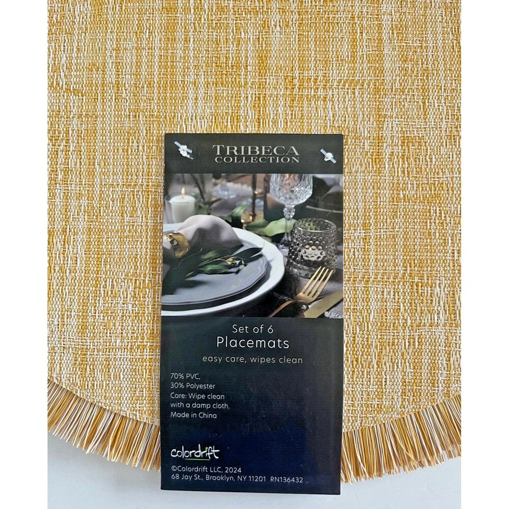 Tribeca Fringe Placemats 15” Round Yellow Gold PVC Easy Care Summer Set Of 6